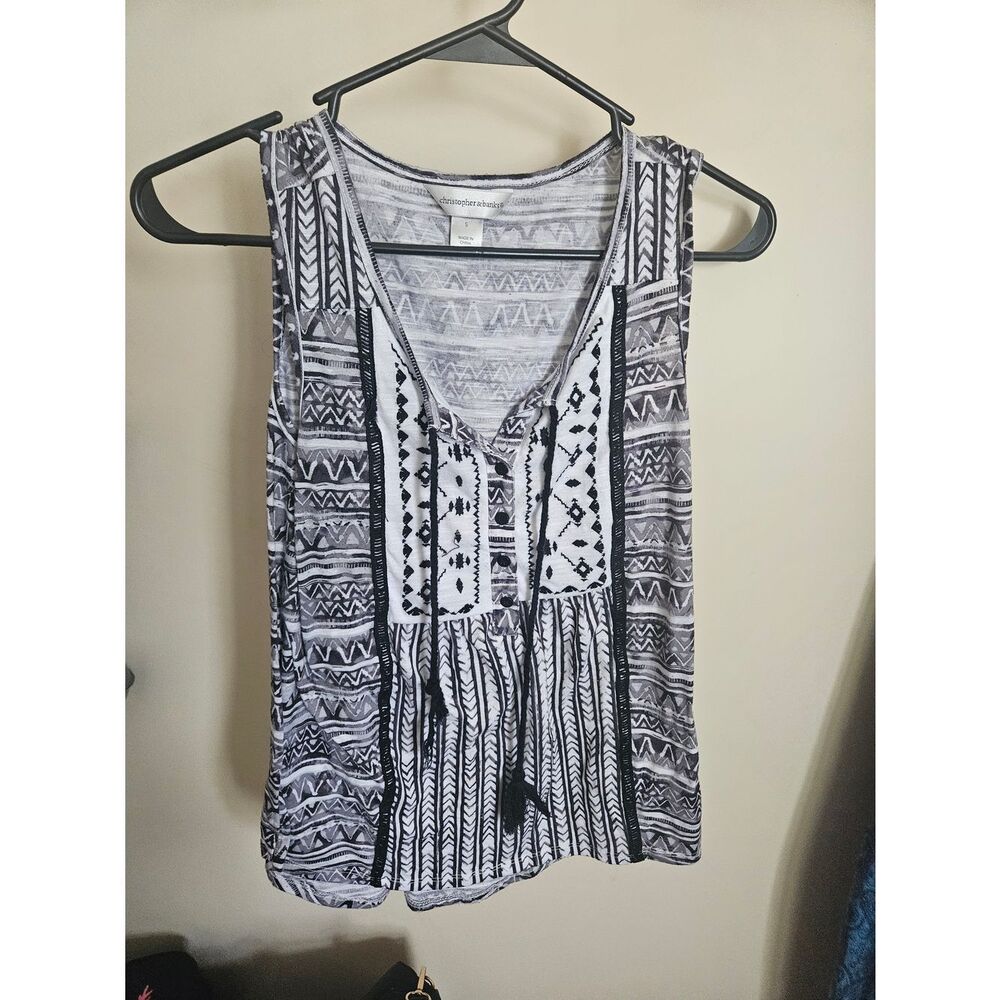 Christopher & Banks Black & White Patterned Sleeveless Embroidered Tank